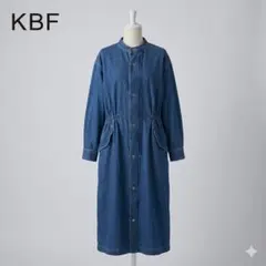 KBF デニムロングシャツワンピース ウエストドロー 長袖 スタンドカラー 濃紺のサムネイル