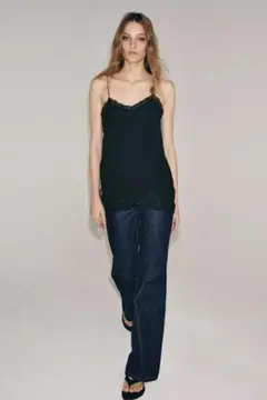ZARA WOMEN レーストリムキャミソールトップス　黒　XSのサムネイル