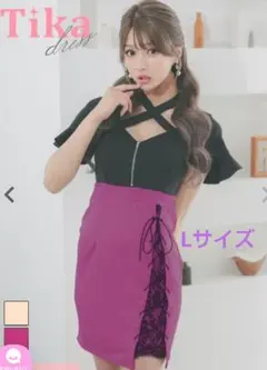 専用 Tika 半袖タイトドレス ミニドレス クロスネック L ピンク