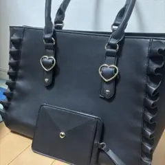 痛バ　ハートバックルフェイクレザーフリルトートバック　A4サイズ　ブラック