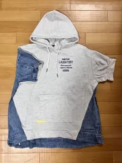 フード付きパーカー半袖　プルオーバー　ドロップショルダー　スウェット/デニム