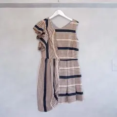 あちゃちゅむ 麻のアシンメトリー フリルワンピース ストライプｘボーダーのサムネイル