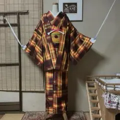 絹　羽織と着物　アンサンブル　茶 黄　モダン　羽織紐付き　着物　M 159 66