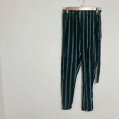 ストライプ ワイドパンツ ダークグリーン ゴム 伸縮 ストレッチ素材