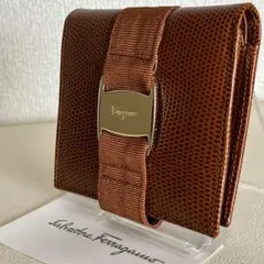 ✨Sランク✨ Ferragamo ミニ財布 リザード ヴァラリボン リボン 茶色