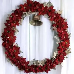 【超特大65cm】深紅ポインセチアとベルの豪華クリスマスリース
