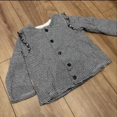 【プチバトー】ボーダーカーディガン ベビー服 長袖 フリル ネイビー ホワイト