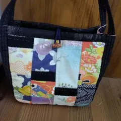 リメイクハンドメイド 正絹 紬 木綿 などをつないで パッチワ-ク バック