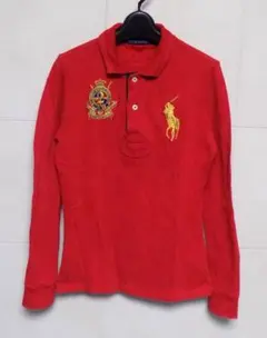ラルフローレン　ワッペン＆ビッグポニー刺繍　赤長袖ポロシャツ M