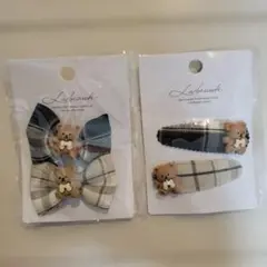 くま クマ チェック リボン ヘアゴム ヘアピン 新品セット