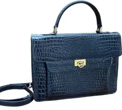 ハンドバッグ　クロコ調　ネイビー