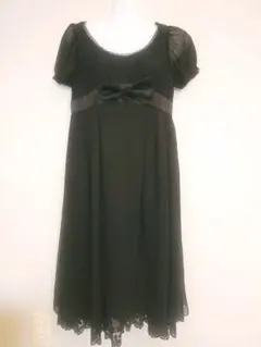 【値下げ】パーティードレス　フォーマルドレス　半袖　黒　透け感　レース　リボン