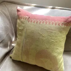 40×40 インド　ヴィンテージ　カンタキルト　クッションカバー　イエローオレ