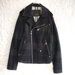 ZARA MAN ダブルライダースデザインジャケット ネイビー系チェック ウール