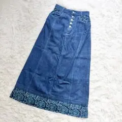 S　花柄ジャガード デニムロングスカート ボタンフライ 綿 ブルー 古着 レトロ