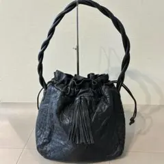 イビサ♡オーストリッチ 巾着型 ショルダーバッグ タッセル レザー ブラック