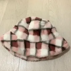 もこもこ　ピンク系チェック バケットハット
