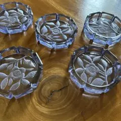 昭和レトロ　希少　ガラスコースター　薄紫　花柄　6個セット　気泡入り 昭和レトロ ガラス コースター 6点 美品 硝子 色ガラス 40s 50s 気泡
