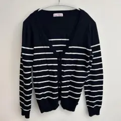 ニット ボーダー カーディガン 長袖 Vネック ネイビー 紺 チュニック
