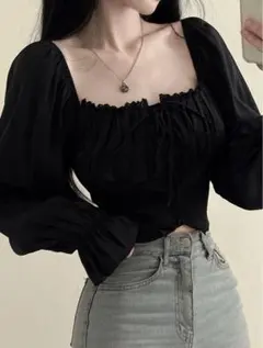 新品　SHEIN 長袖ブラウス　黒　ショート丈　リボン　セクシー　春　韓国