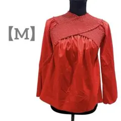 匿名配送✨長袖ブラウス 【M】シャーリング クロスデザイン Aライン レッド