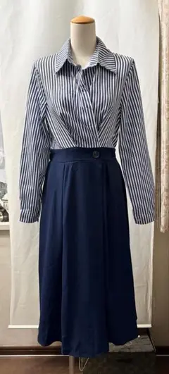 濃紺　ストライプ　切り替え　ドッキングワンピース　切り替え　えり　S M