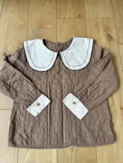 ブラウン 長袖シャツ 大きな白い襟