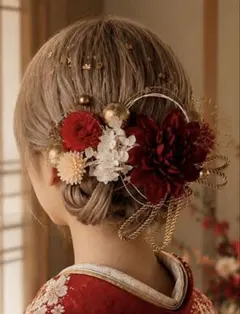 成人式　振袖　髪飾り　ヘアアクセサリー　和玉 華やか髪飾り 赤・白・金
