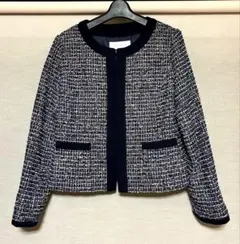 クリーニング済☆ノーカラー ツイードジャケット ネイビー系☆11