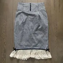 ギンガムチェック タイトスカート レースフリル ひざ丈スカート