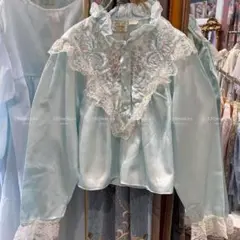 水色 フリル レース 長袖ブラウス　USA古着　vintage ヴィンテージ