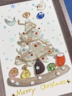 ホワイトクリスマス　小鳥さん達の飾りつけ　シーグラスアート　L版サイズ