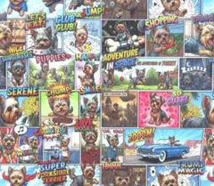 【ゆきちゃん限定】X2451-3 アメコミ風 ヨーキー柄 コットン生地 1m