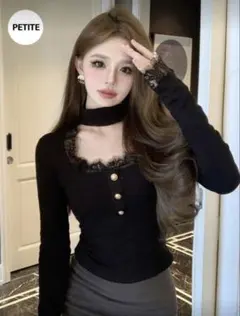 レース付き黒ニット PETITE