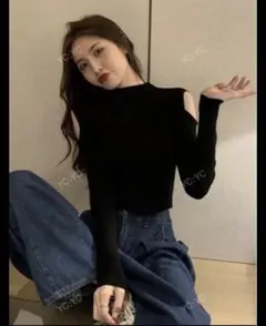 ブラック オフショルダー ニットセーター　S