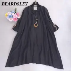 ビアズリー☆リネンビッグチェックタックワンピース ネイビー 麻