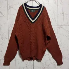 Polo Club Vネック ニットセーター オレンジ ケーブル編み 厚手 秋冬