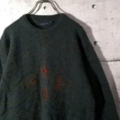 【古着】　90s　ビンテージ　ニット　極上刺繍　エンブレム　立体　アルパカ　緑
