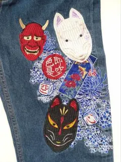 Un-Deux 和柄 刺繍 デニムパンツ メンズ 風神雷神 - メルカリ