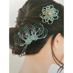 《セットでお得》和装　髪飾り　水引　2点セット　ブルー（ラメ）×ゴールド