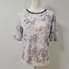 百合 小泉アパレル ラインストーン カットソー 花柄 総柄 デザインシャツ【L】