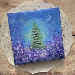 アクリル画　オイルパステル画　花園のツリー　キャンバスアート