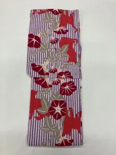 花柄ストライプ浴衣 赤紫 猫と朝顔