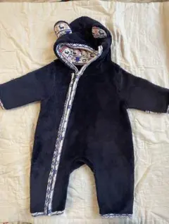 ネイビー フリースロンパース(足先手先カバー可)クマ耳付き