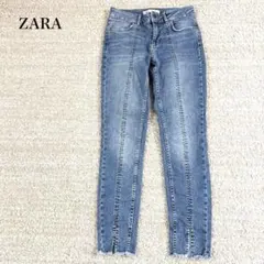 ザラ デニムパンツ スキニージーンズ ウォッシュ加工 切りっぱなし 革ラベル