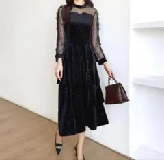 ティアードベロアワンピース M パーティドレス 黒 謝恩会 オケージョンドレス