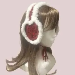 イヤーマフ ハンドメイド ハート　かぎ編み 耳当て　赤　白　耳あて　編み物