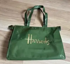 Harrods ハロッズ　トートバッグ　エナメル　グリーン　ゴールド　光沢