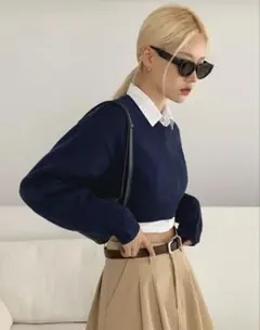 ネイビー クロップドニットセーター Vネック dazy