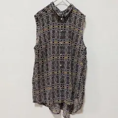 H&M幾何学模様ノースリーブブラウス L 38 シアー 総柄シャツ テールカット
